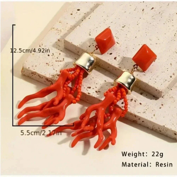 Red Coloured Resin Statement Earring - Coral Branches with with beading- NEW - Picture 2 of 2